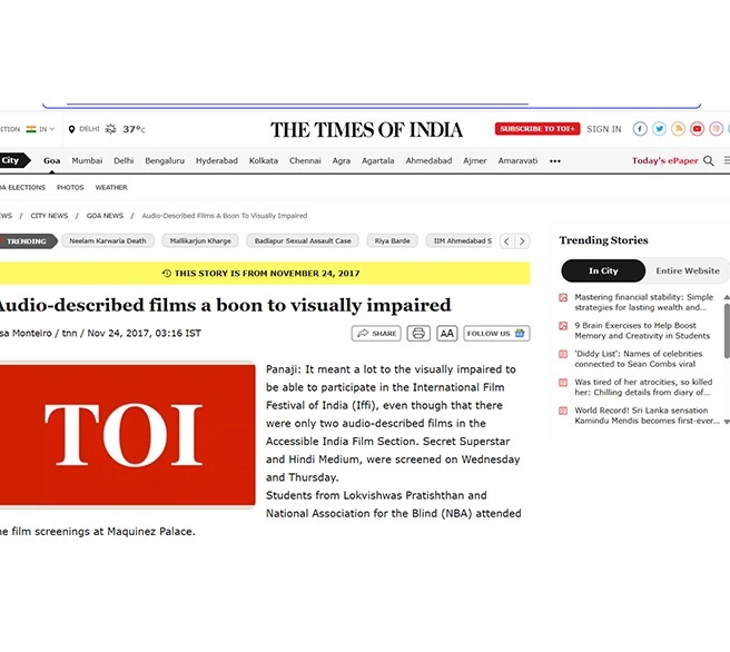 Press 6, Times Of India Article Nov 24 2017, Audio Described Films a boon to Visually Impaired.